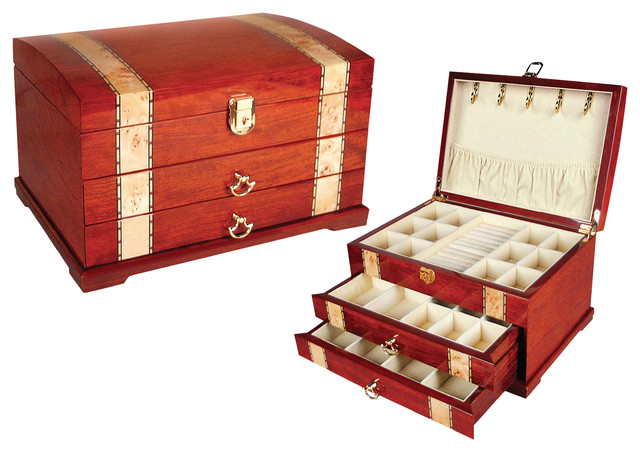 Wood Jewelry Box Red Brown Cream Burl 2 Drawer Traditional