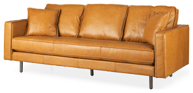 Hewitt Mid Century Modern Tan Leather, Modern Rustic Leather Sofa