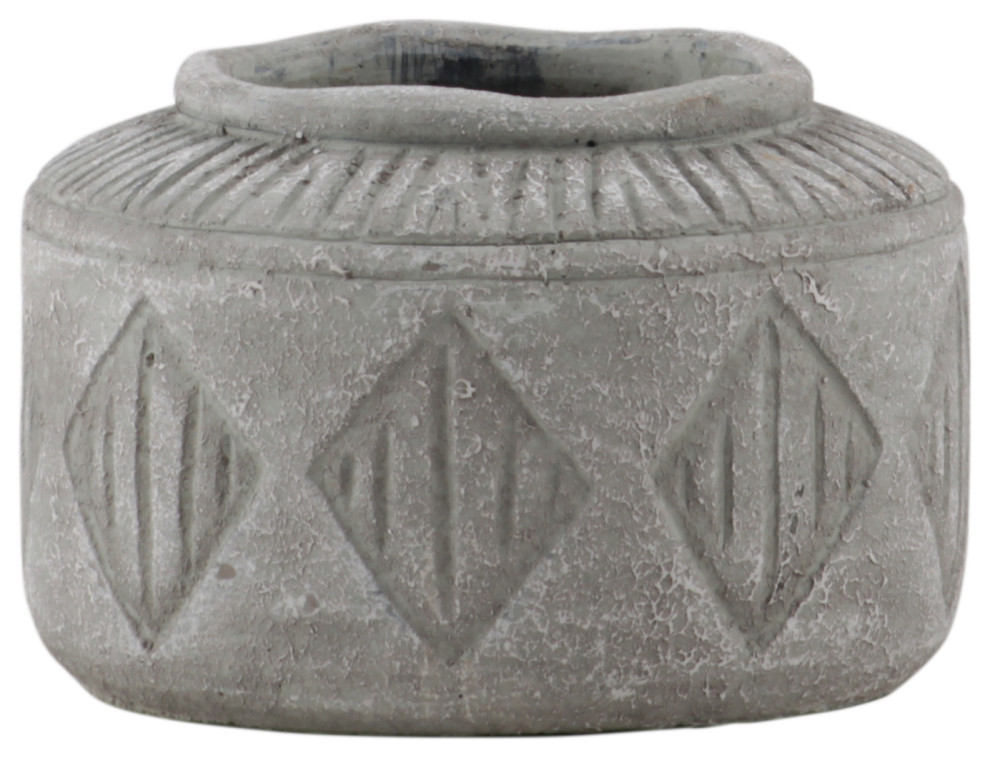 Round Cement Pot With Diamond Pattern Design, Washed Concrete Gray, Small