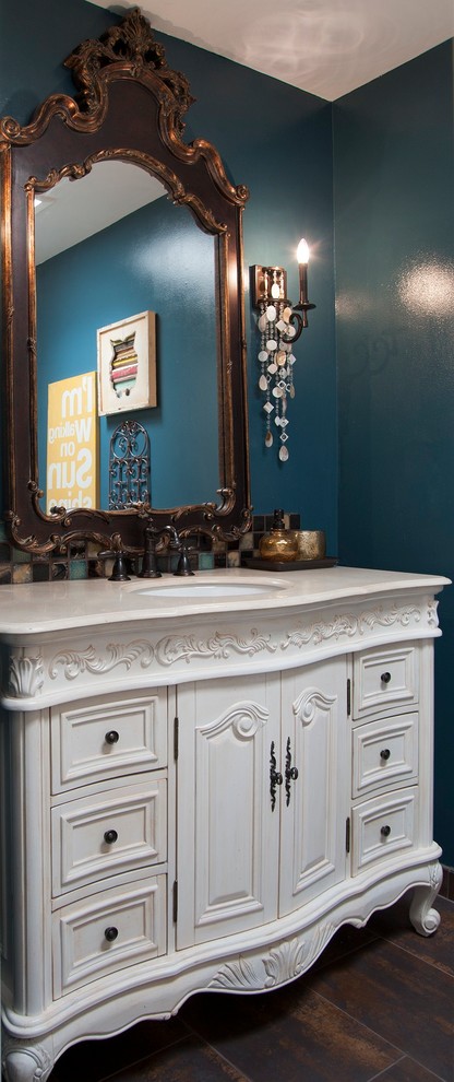 Inspiration for a small eclectic kids bathroom in San Francisco with an undermount sink, furniture-like cabinets, beige cabinets, marble benchtops, a one-piece toilet, brown tile, ceramic tile, blue walls and ceramic floors.