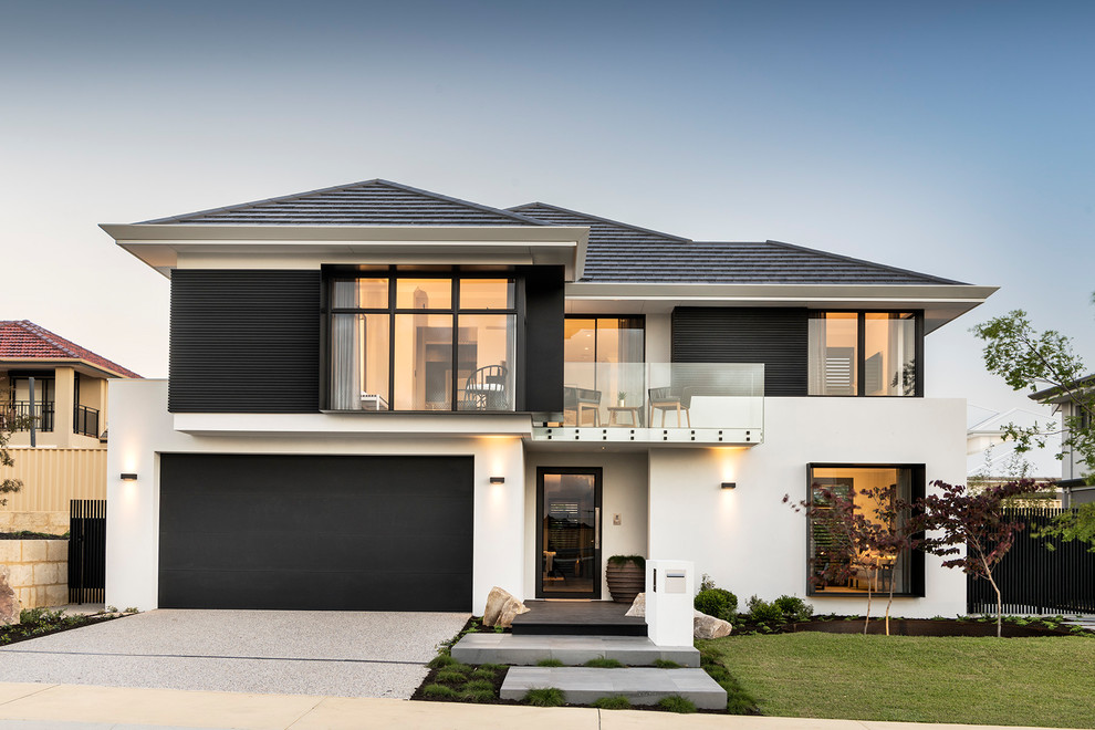 Inspiration for an asian two-storey black house exterior in Perth with mixed siding, a hip roof and a shingle roof.