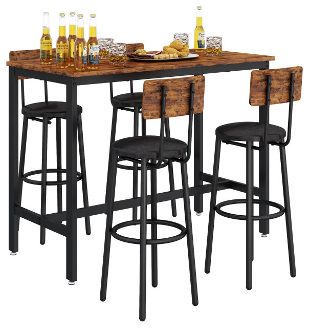 Bar Table Set With 4 Bar Stools PU Soft Seat Rustic Brown Industrial