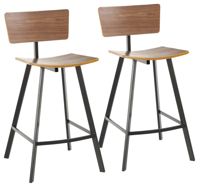 Rocco Industrial Counter Stool, Black Metal/Walnut Wood, Set of 2