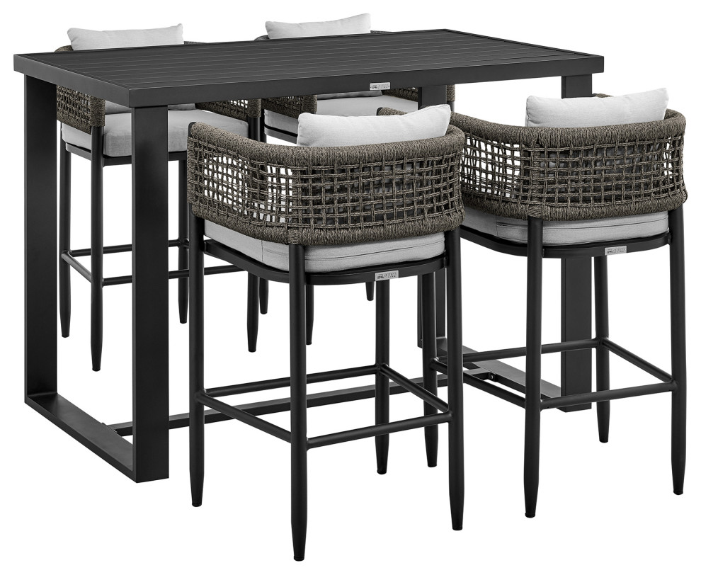 Felicia Outdoor 5-Piece Bar Table Set, Metal With Gray Rope and ...