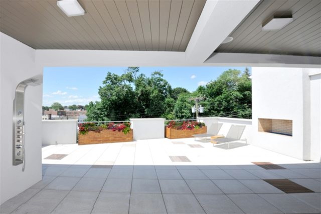 Inspiration for a large contemporary rooftop deck in New York with an outdoor shower and a roof extension.