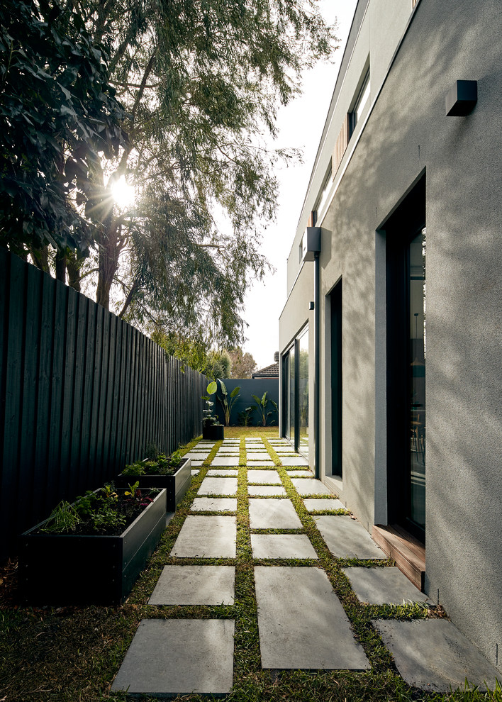 This is an example of a modern side yard garden in Melbourne with a container garden and concrete pavers.