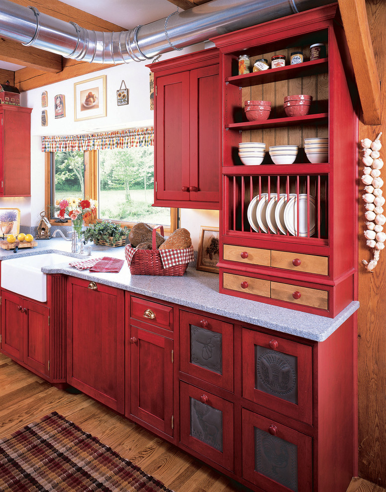 Design ideas for a country kitchen in Other with open cabinets, a farmhouse sink and red cabinets.