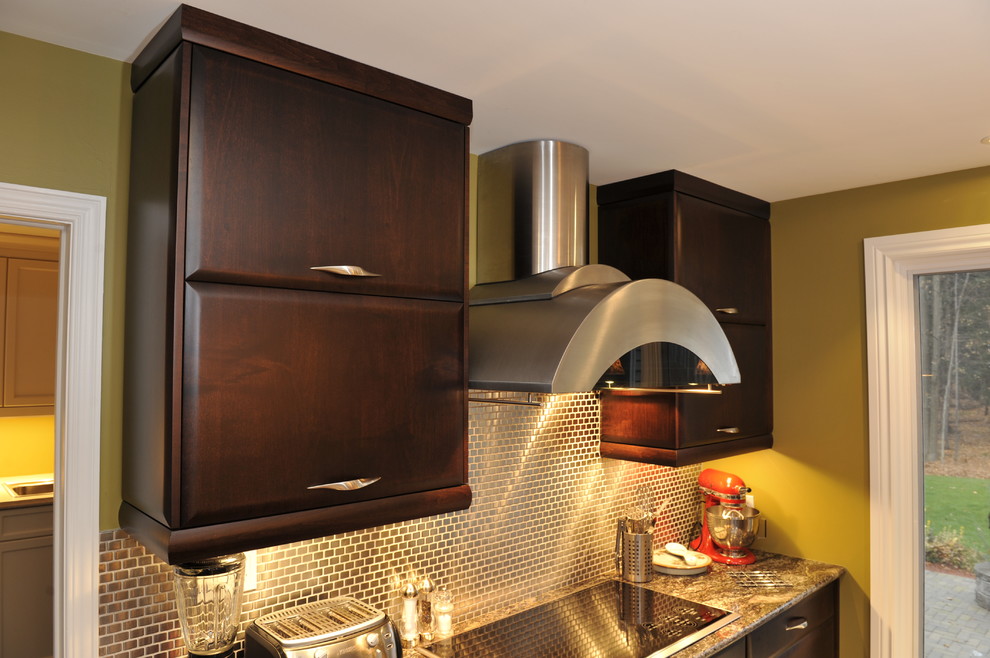 Transitional dark wood floor kitchen photo in Toronto with a double-bowl sink, flat-panel cabinets, dark wood cabinets, granite countertops, mirror backsplash, stainless steel appliances and an island