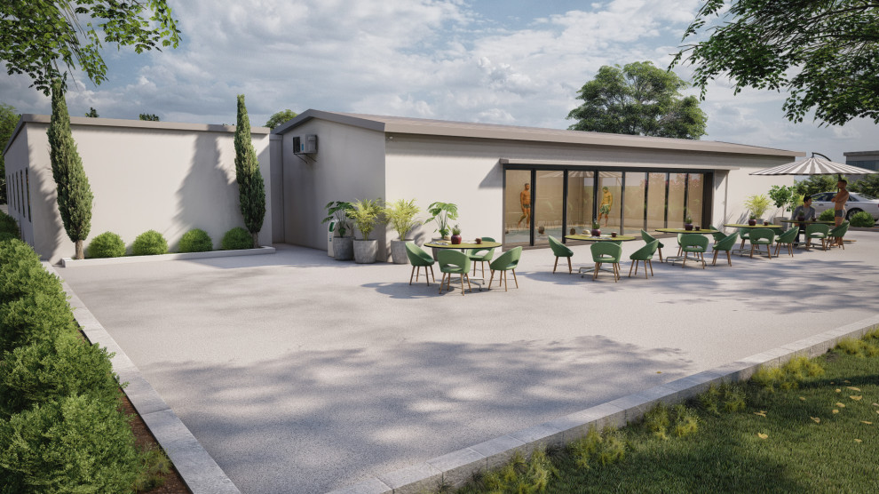 На фото: большой двор на заднем дворе в стиле модернизм с вертикальным садом и покрытием из бетонных плит без защиты от солнца с