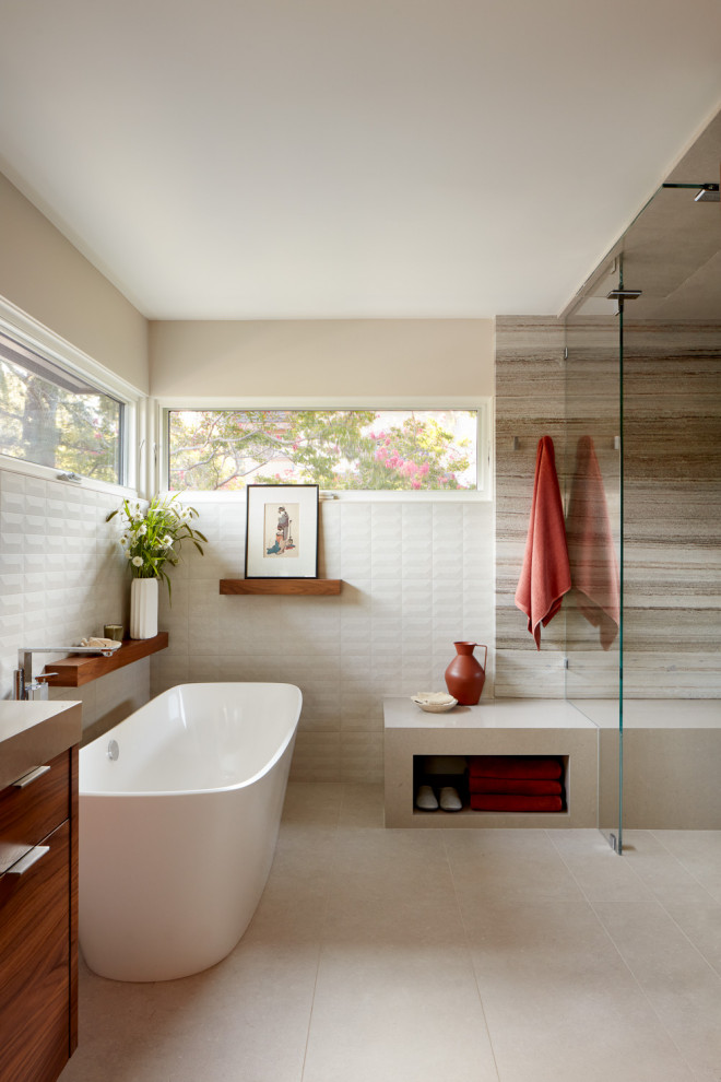 Design ideas for a modern grey and cream bathroom in San Francisco.