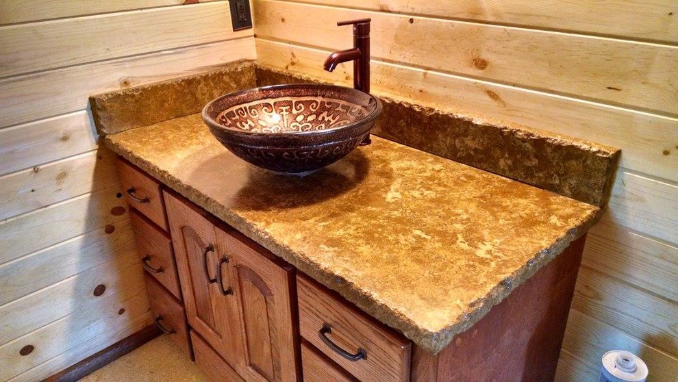 Design ideas for a small country 3/4 bathroom in Houston with raised-panel cabinets, light wood cabinets, beige walls, travertine floors, a vessel sink, concrete benchtops and beige floor.
