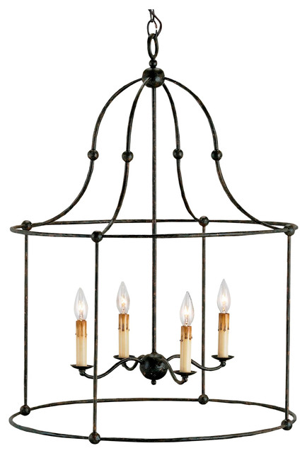 French Country Black Iron Frame 4 Light Lantern Pendant Lamp