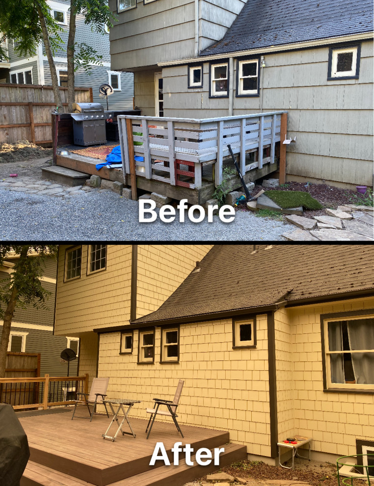 Inspiration for a mid-sized eclectic beige two-story concrete fiberboard and shingle exterior home remodel in Portland with a shingle roof and a gray roof