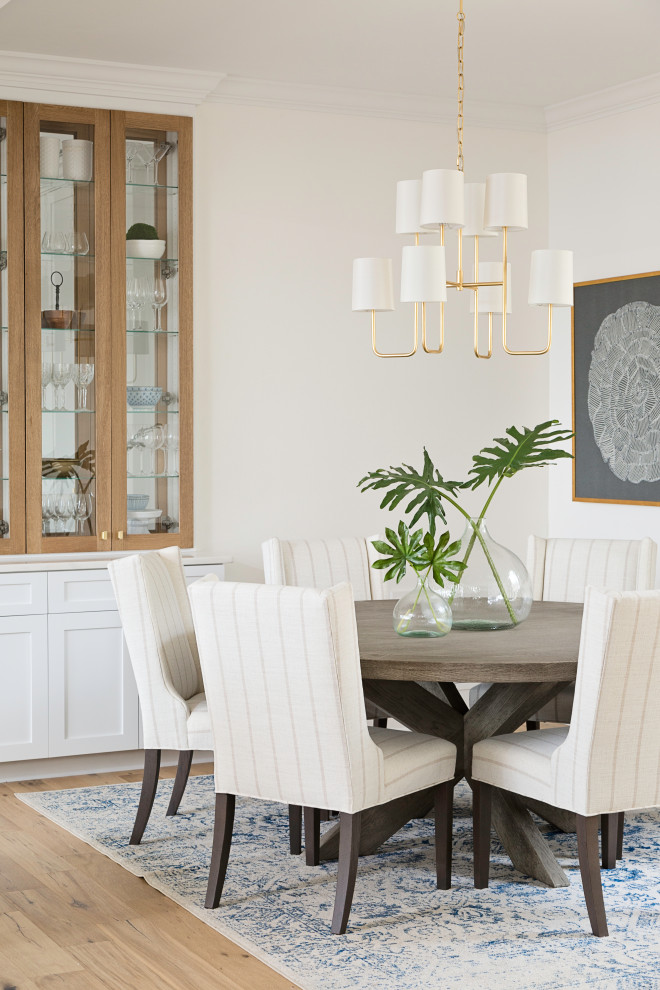 This is an example of a transitional dining room in Orlando with white walls, medium hardwood floors and brown floor.