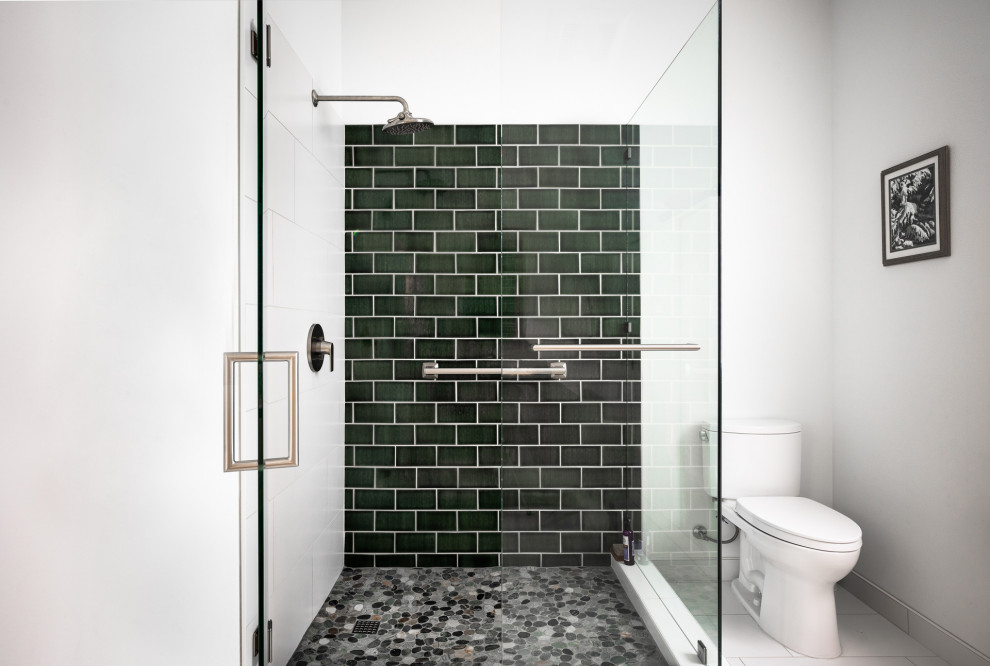 Inspiration for a medium sized eclectic shower room bathroom in Portland with a corner shower, a one-piece toilet, green tiles, porcelain tiles, white walls, porcelain flooring, white floors and a hinged door.