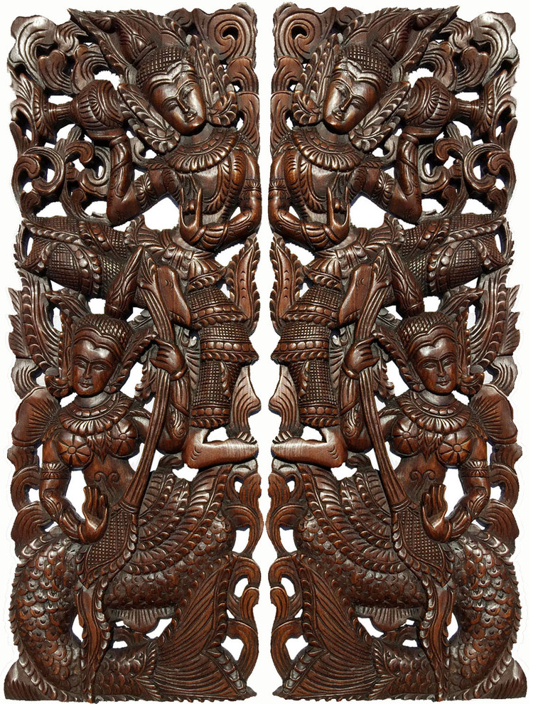 Traditional Thai Figure Mermaid Wood Carved Wall Decor Panels