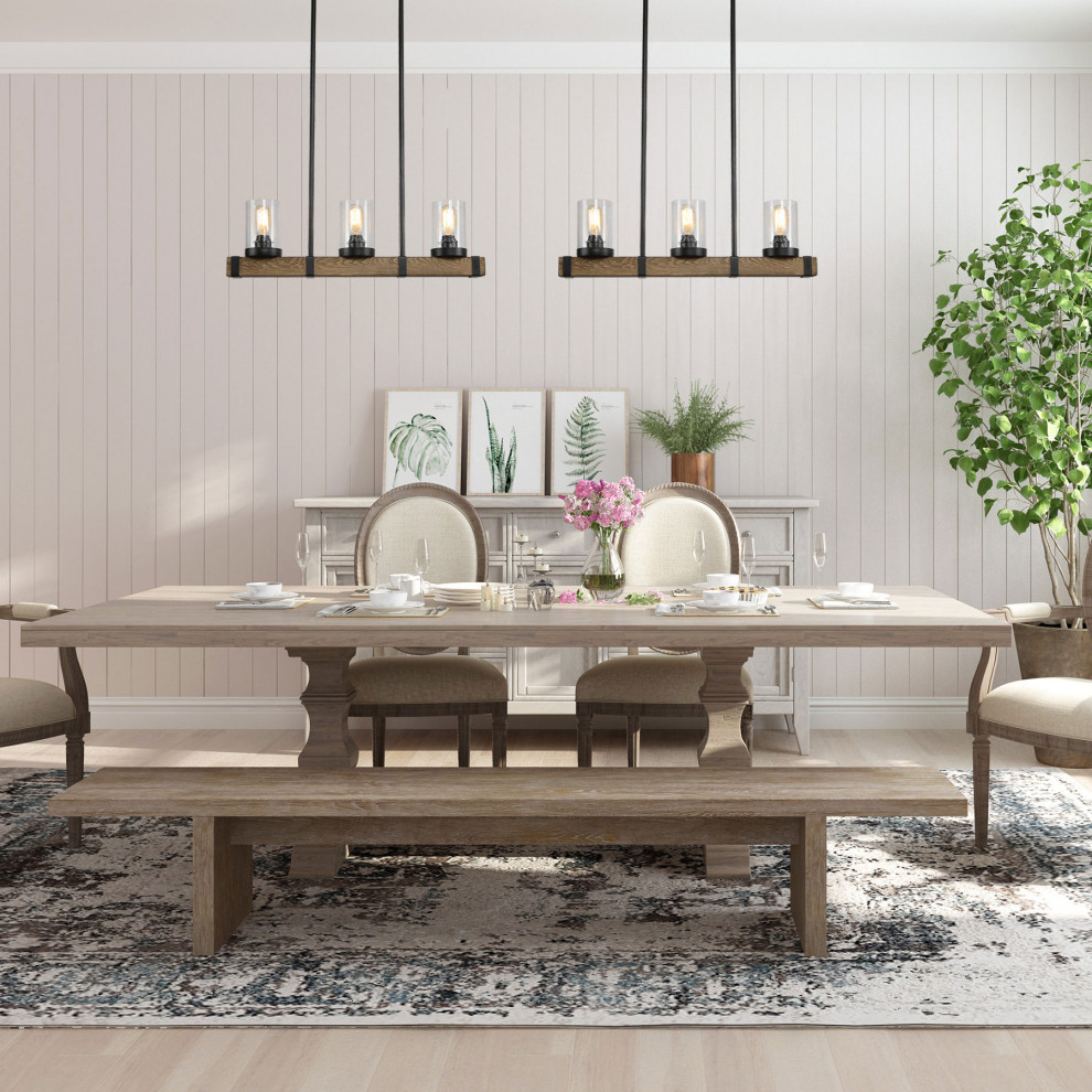Design ideas for a mid-sized country dining room in Atlanta with white walls, plywood floors, a corner fireplace, a brick fireplace surround and beige floor.