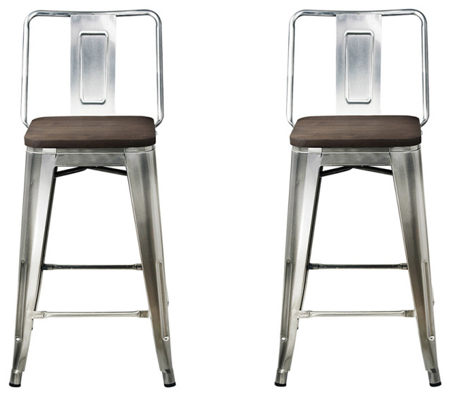 Metal Gunmetal Bar Stools With Middle Back Dark Wooden Seat, Set of 2
