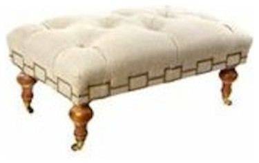 Burlap Tufted Ottoman with Nailheads