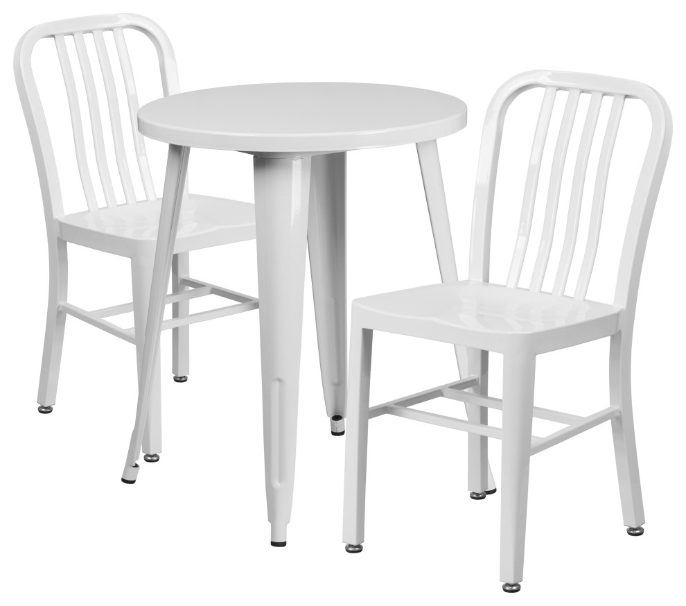 24" Round White Metal IndoorOutdoor Table Set with 2 Vertical Slat
