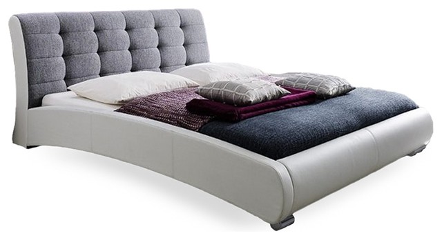 Guerin White Faux Leather Gray Fabric Grid Tufted King Size Guerin White Faux Leather Gray Fabric Grid Tufted King Size Platform Bed