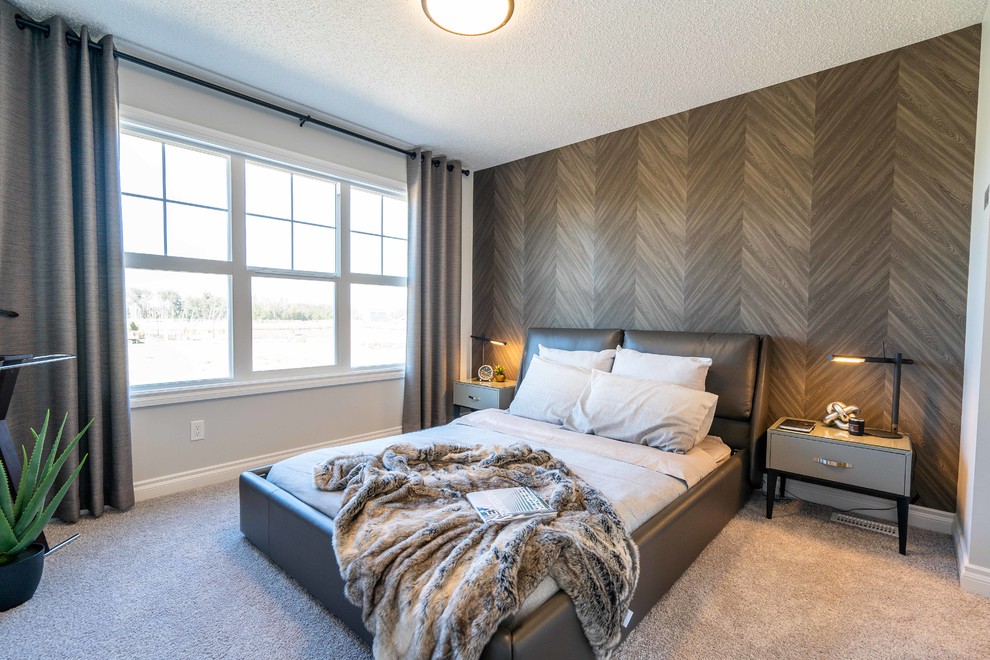 Large modern master bedroom in Edmonton with grey walls, carpet, no fireplace and grey floor.