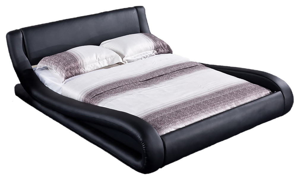 Dona Black Faux Leather Modern Bed, Black, Queen