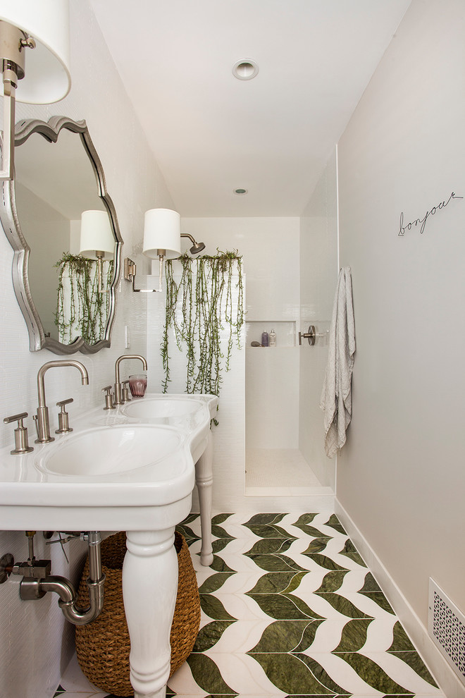 Photo of a transitional master bathroom in Atlanta with a pedestal sink, an open shower, white tile, marble floors, white walls and an open shower.