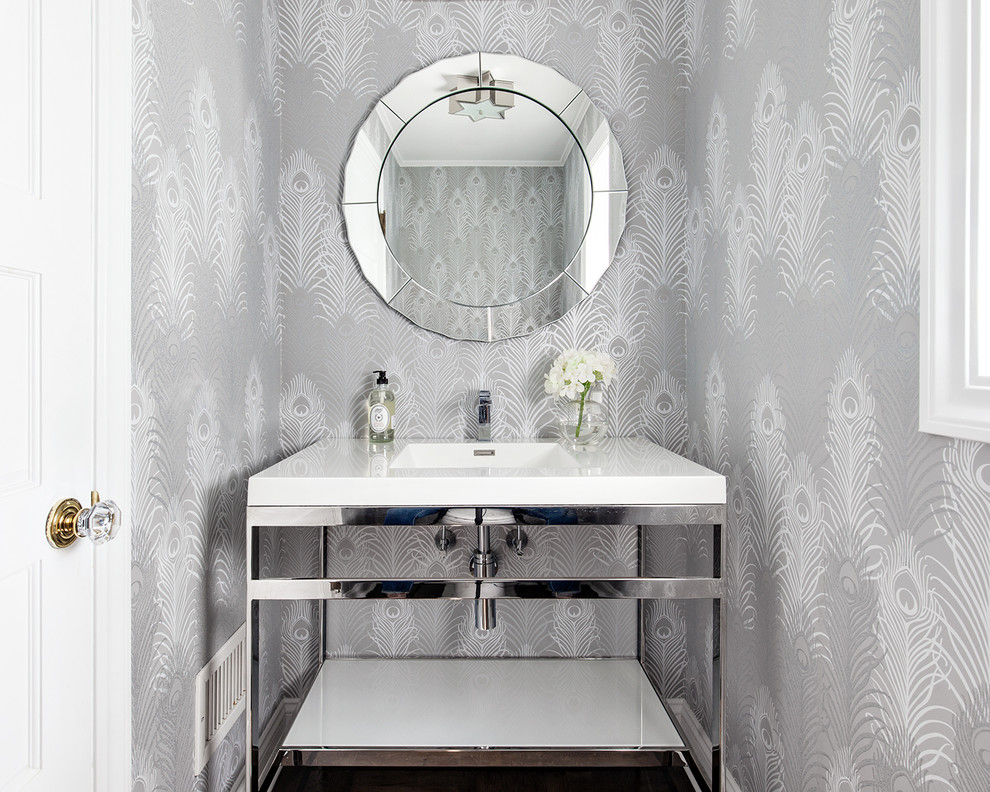 Design ideas for a transitional powder room in New York with open cabinets, grey walls and an integrated sink.