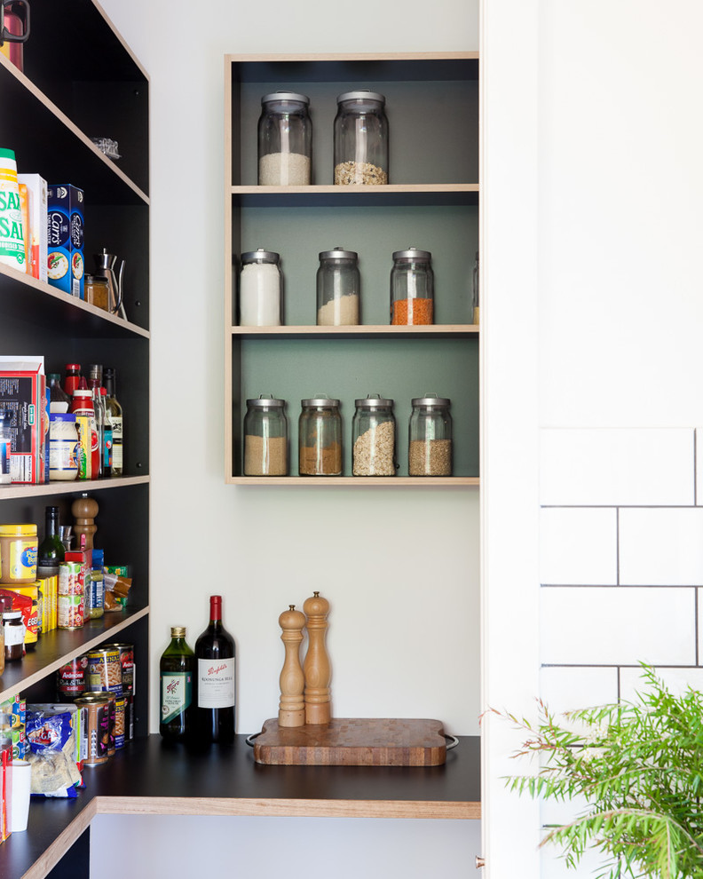 Inspiration for a contemporary kitchen pantry in Melbourne with no island and white cabinets.