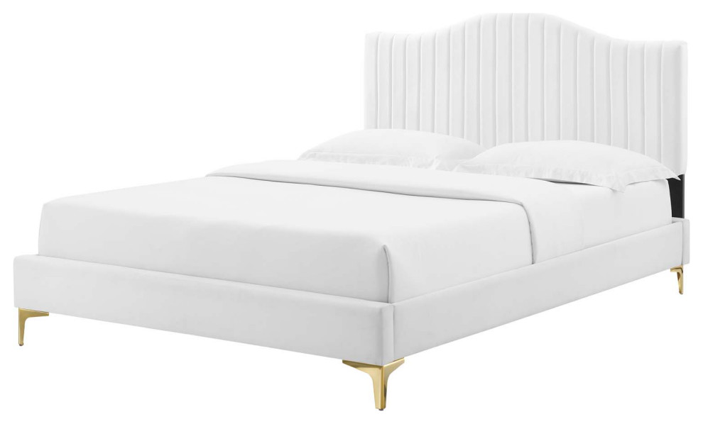 Tufted Platform Bed Frame, Queen Size, Velvet, Gray, Modern