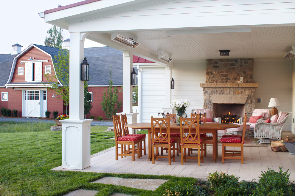 Patio - country patio idea in Denver with a fire pit, decking and a roof extension