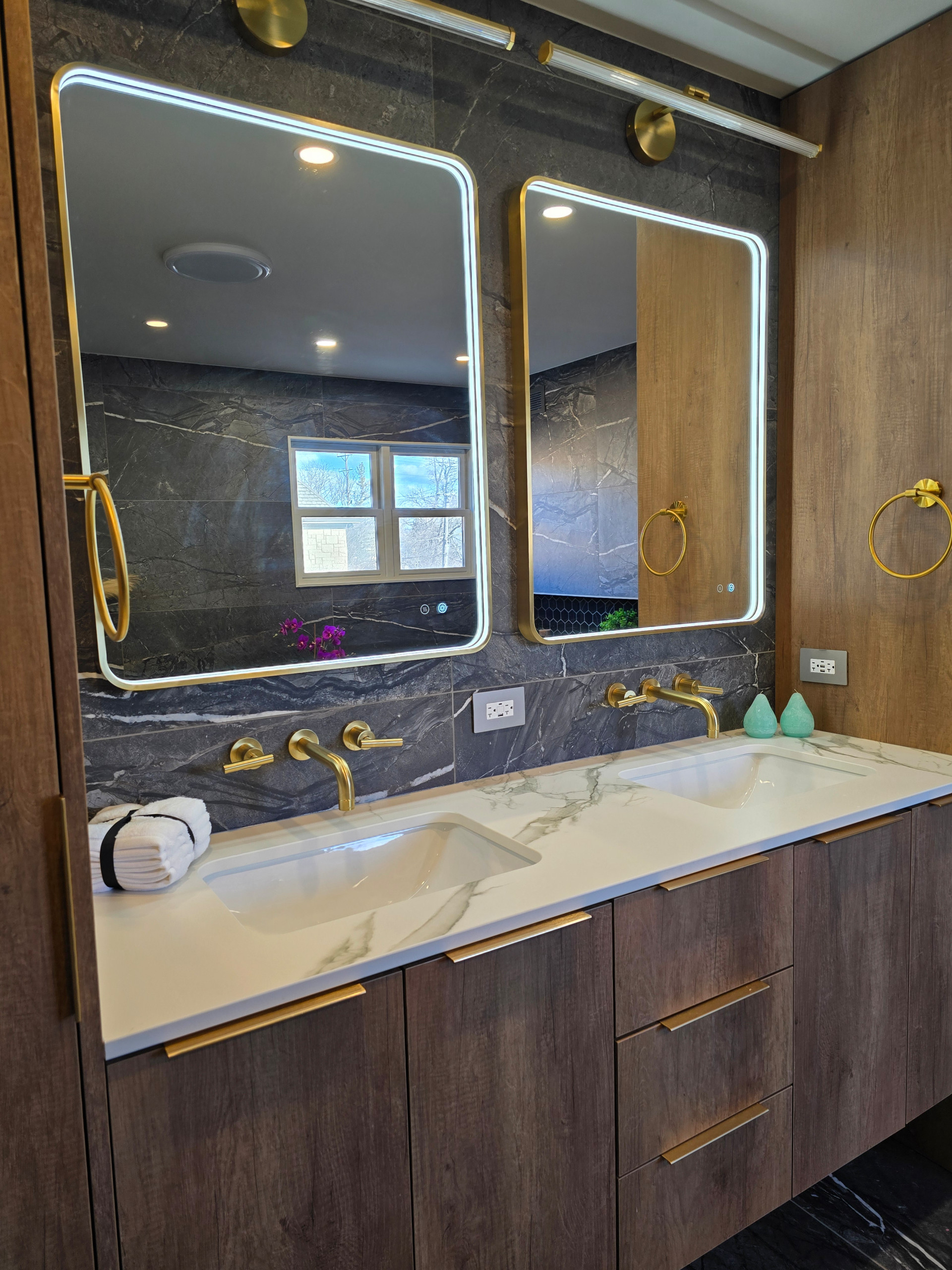 Main Bath full remodeling with custom vanity, freestanding tub & walk-in shower