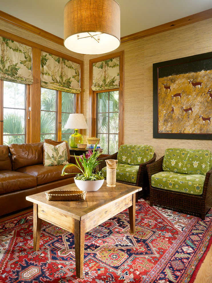 This is an example of a tropical formal living room in Jacksonville with beige walls.