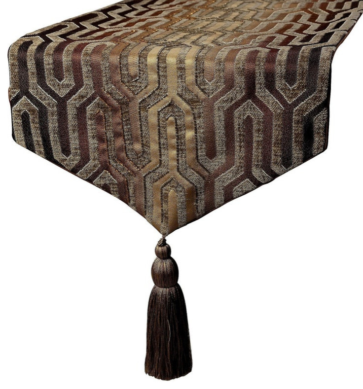Decorative Table Runner Brown Velvet, Ombre, Beaded & Tassels Brown