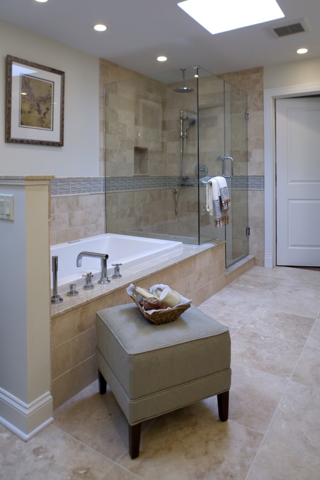 This is an example of a large traditional master bathroom in Chicago with granite benchtops, a drop-in tub, a corner shower, beige tile, cement tile, white walls and ceramic floors.