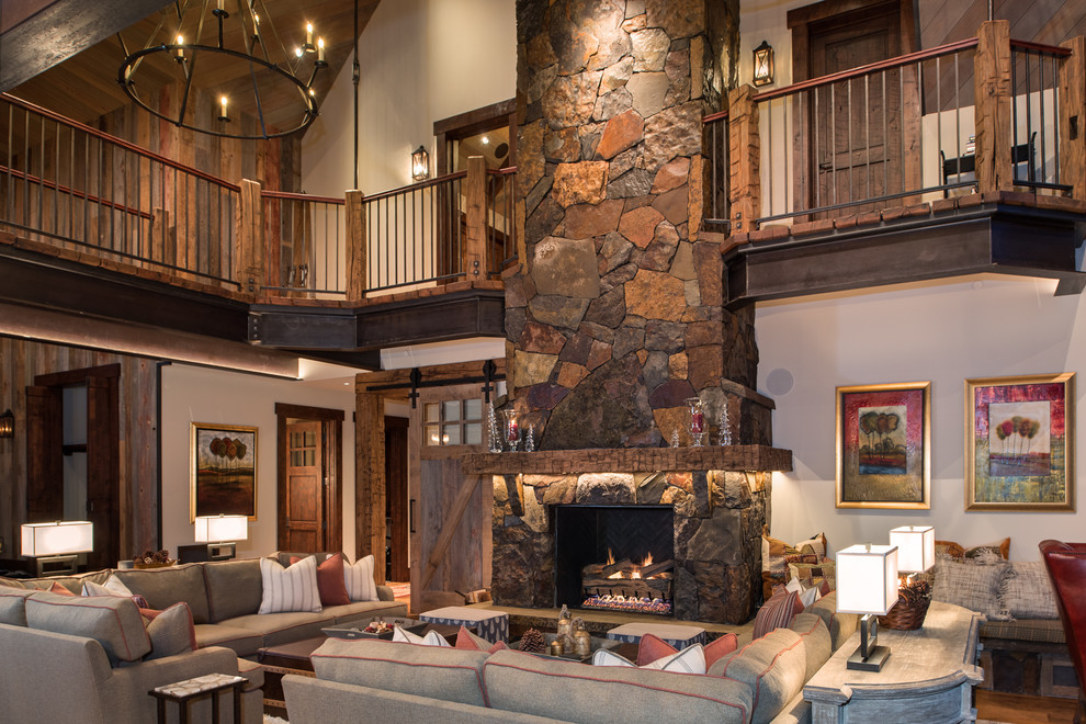 Inspiration for a large country formal open concept living room in Sacramento with a stone fireplace surround, a standard fireplace and no tv.