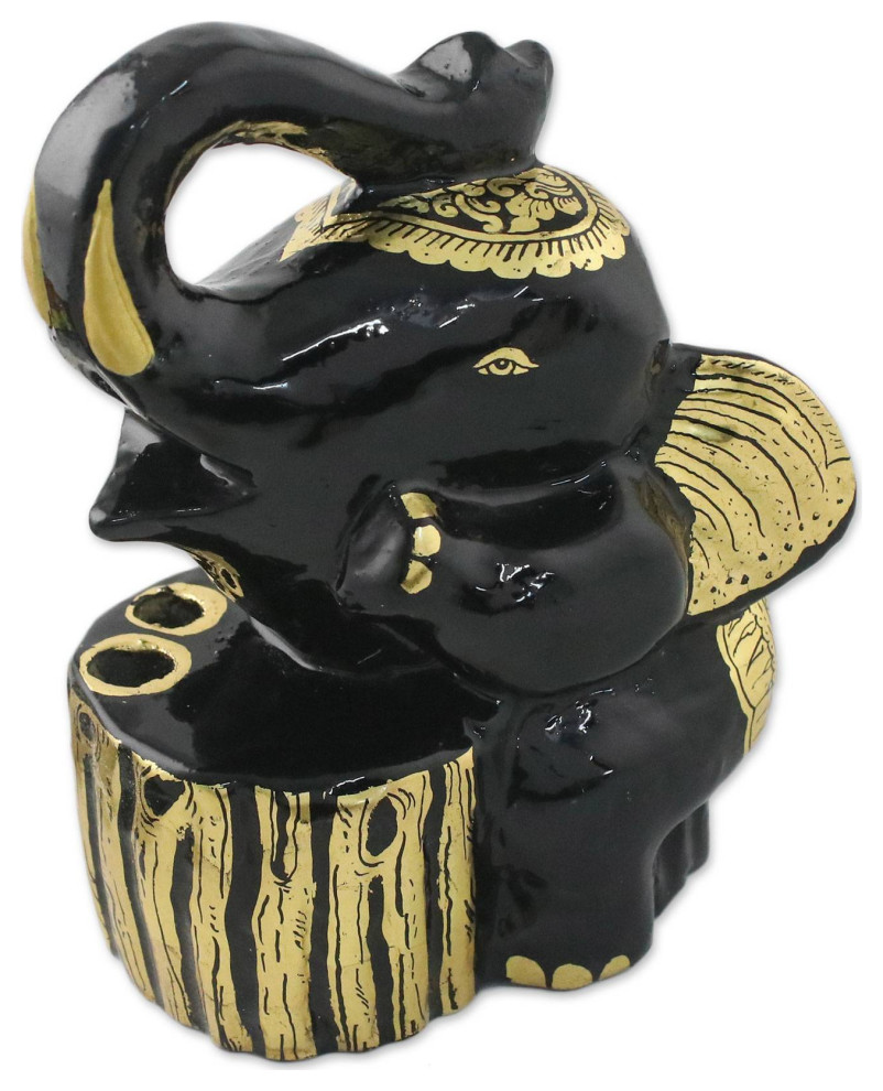 NOVICA Thoughtful Elephant And Lacquered Pencil Holder
