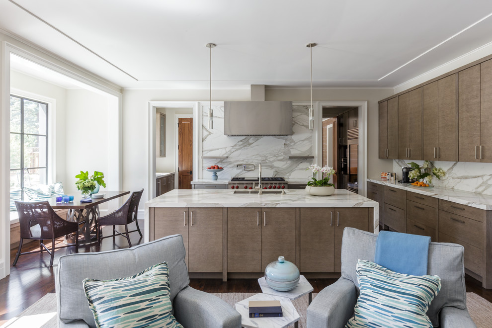 Design ideas for a mid-sized transitional l-shaped open plan kitchen in San Francisco with an undermount sink, flat-panel cabinets, marble benchtops, white splashback, stone slab splashback, stainless steel appliances, dark hardwood floors, with island and medium wood cabinets.