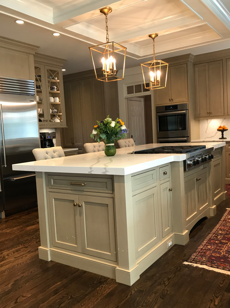Inspiration for a large transitional u-shaped coffered ceiling eat-in kitchen remodel in DC Metro with shaker cabinets, gray cabinets, marble countertops, marble backsplash, stainless steel appliances and an island