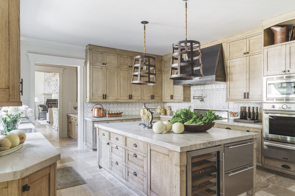Country l-shaped separate kitchen in San Francisco with shaker cabinets, brown cabinets, white splashback, stainless steel appliances, with island, multi-coloured floor and grey benchtop.