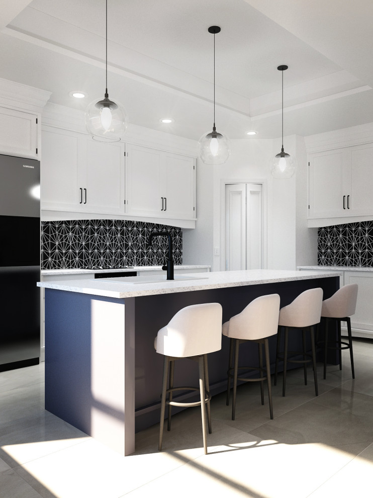 Large modern l-shaped open plan kitchen in Tampa with an integrated sink, recessed-panel cabinets, white cabinets, granite benchtops, black splashback, porcelain splashback, stainless steel appliances, porcelain floors, with island, grey floor and white benchtop.
