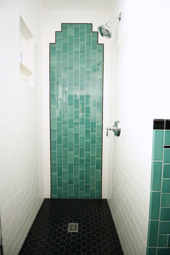 This is an example of a small traditional 3/4 bathroom in Los Angeles with green tile, subway tile, white walls and mosaic tile floors.