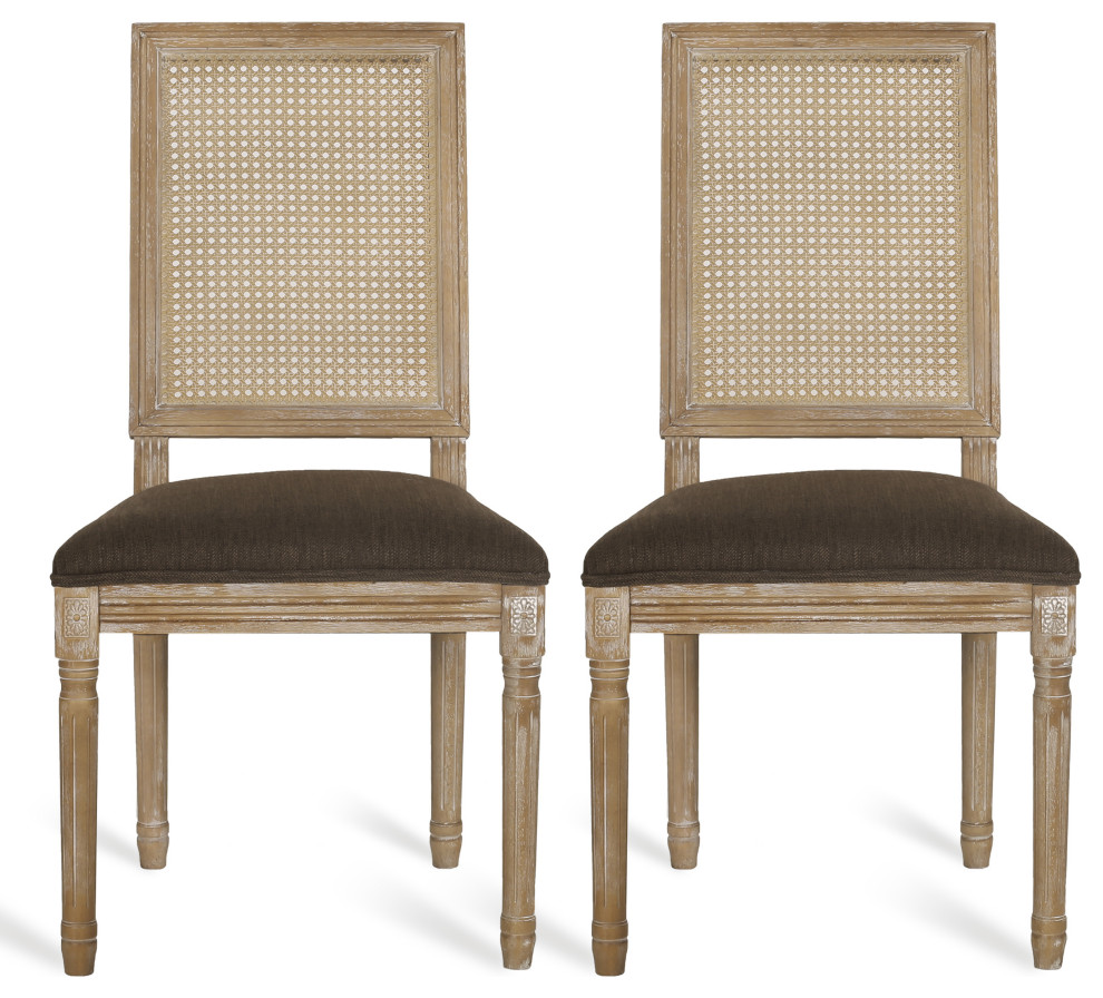 Brownell French Country Wood and Cane Upholstered Dining Chair, Set of