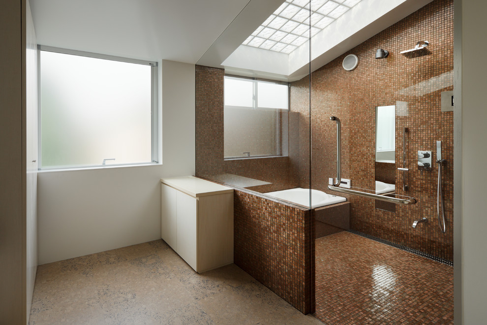 Design ideas for a large contemporary master bathroom in Tokyo with flat-panel cabinets, dark wood cabinets, a curbless shower, brown tile, mosaic tile, brown walls, cork floors, an undermount sink, engineered quartz benchtops, beige floor, an open shower and a corner tub.