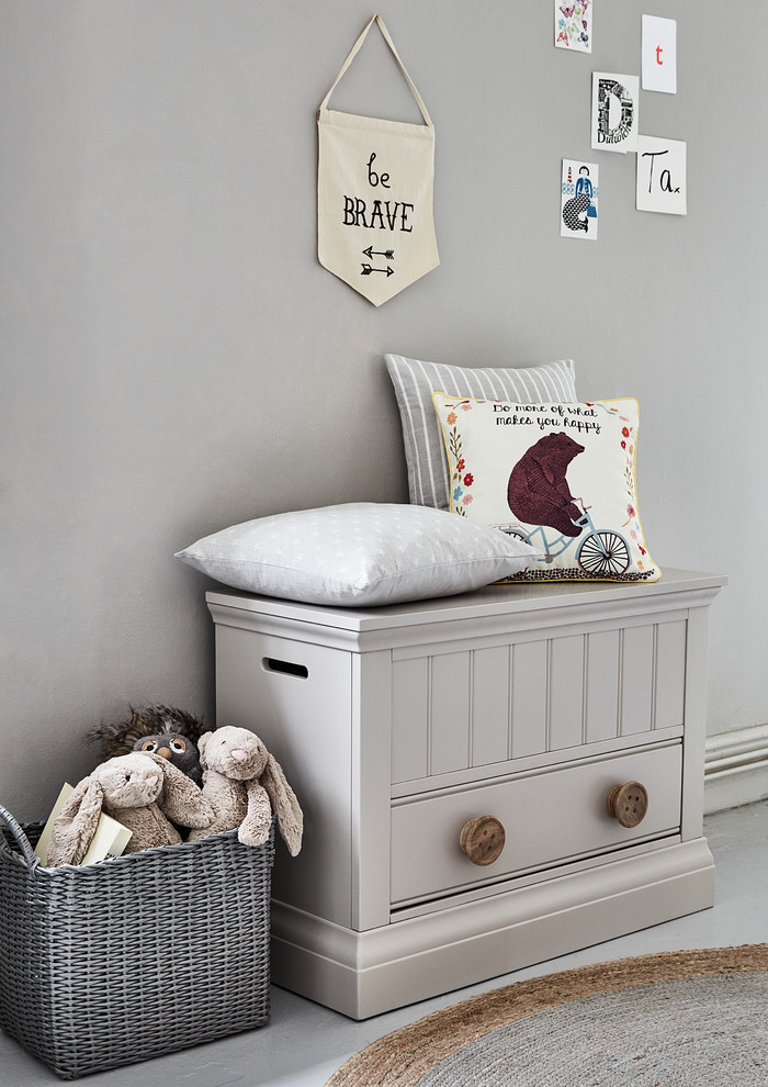 Design ideas for a mid-sized beach style gender-neutral kids' bedroom for kids 4-10 years old in Other with grey walls, painted wood floors and grey floor.