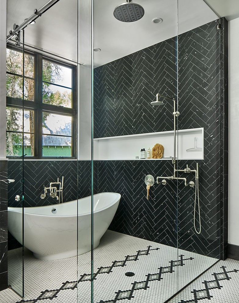 Design ideas for a large contemporary bathroom in Denver with a freestanding tub, black tile, marble, ceramic floors, white floor, a curbless shower, black walls and a sliding shower screen.