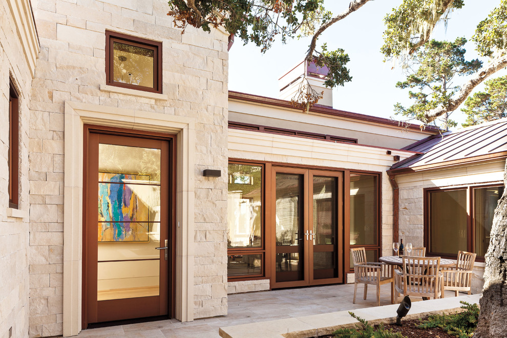 Patio - large transitional backyard tile patio idea with no cover