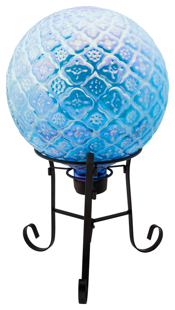Garden Decor Embossed Glass Gazing Ball With Metal Stand, 10", Blue Contemporary Garden