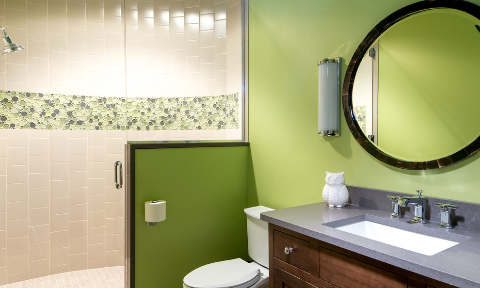 Inspiration for a mid-sized transitional kids' gray tile and ceramic tile porcelain tile alcove shower remodel in Seattle with an undermount sink, beaded inset cabinets, medium tone wood cabinets, quartz countertops, a two-piece toilet and green walls
